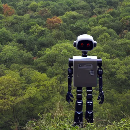 Prompt: a robot standing on a cliff, looking over an overgrown new york