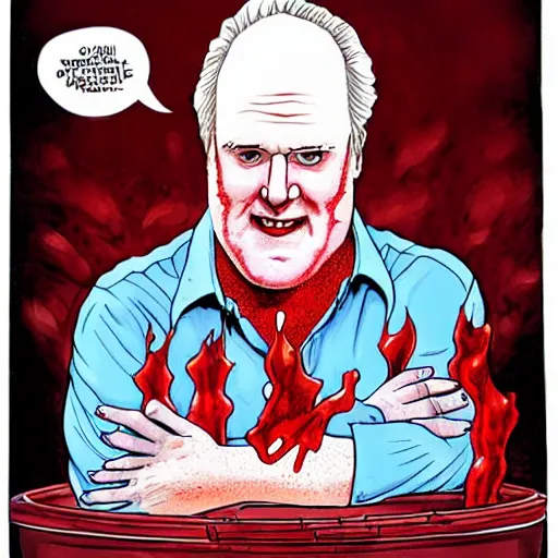Prompt: jon lithgow sitting in a bathtub full of red liquid, he has a sinister smile on his face, comic book art, marvel