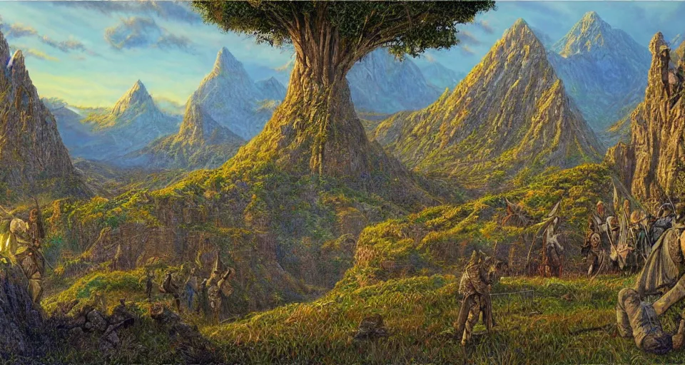 Image similar to Masterfully drawn mspaint art piece of middle-earth by James Gurney. Amazing beautiful incredible wow awe-inspiring fantastic masterpiece gorgeous fascinating glorious great.