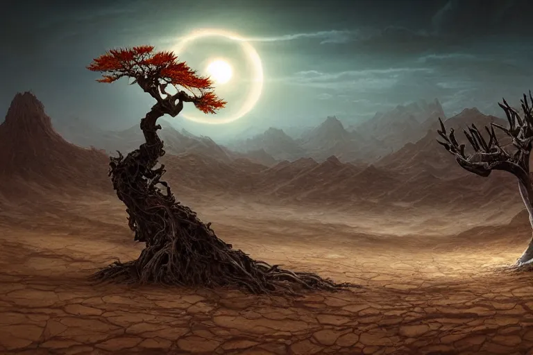 Image similar to cinematic fantasy landscape painting, primordial and cosmic, desert valley of bones, an eclipse, over an autumn maple bonsai growing alone that is yggdrasil, on a desolate sand dune in front of a primordial mountainous desert landscape of bones by and jessica rossier and hr giger, cinematic lighting
