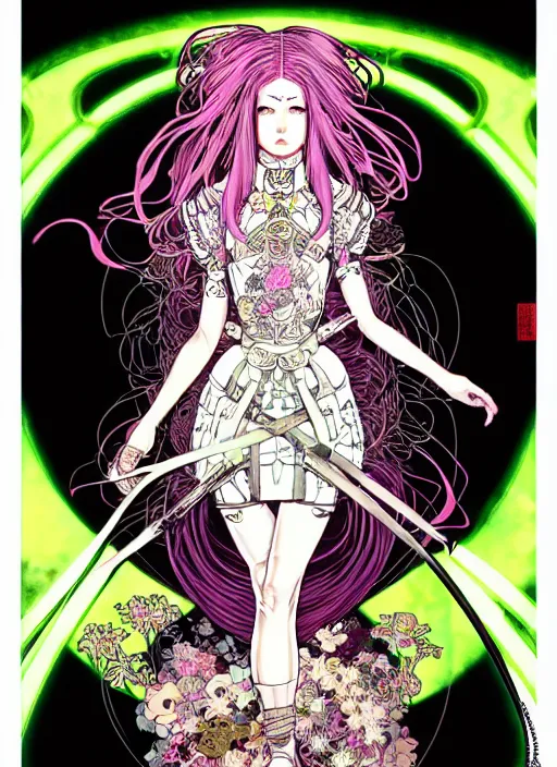 Image similar to artgerm highly detailed terada katsuya artstation manga poster of princess mechine, long hair, armor, dress, laces, ruffles, 8 k, maximalist, hinny fluorescent gradient reflection, jump comics, tomer hanuka, alphonse mucha