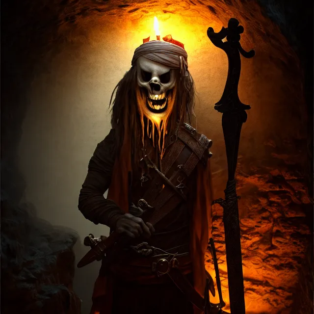 Image similar to realistic photo of a ghost pirate head and torso, holding a sword, standing in a grotto, dark, brooding, paul carrick, atmospheric lighting, intricate, ultra detailed, well composed, best on artstation, cgsociety, epic, stunning, gorgeous, intricate detail, wow, masterpiece