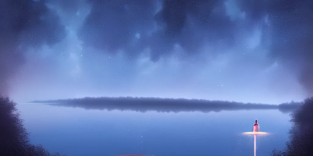 Image similar to sparkling lake in midnight by christopher balaskas, jordan grimmer, trending on artstation