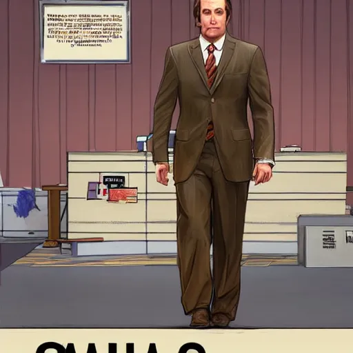 Prompt: Saul Goodman in a GTA V courtroom, cover art by Stephen Bliss, artstation