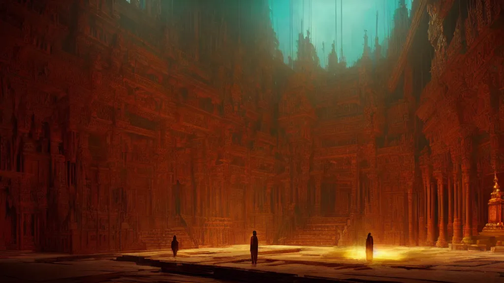 Prompt: strange creatures guard a glowing temple, film still from the movie directed by Denis Villeneuve with art direction by Marc Simonetti, wide lens