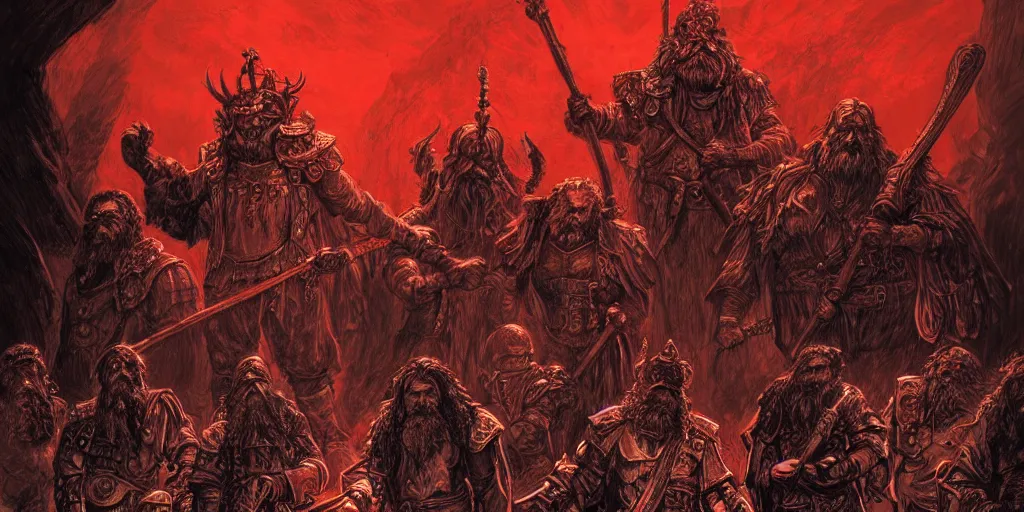 Image similar to concept art, aged dwarf warrior gang stand at the gates of hell, poster style, ornate, red, turquoise, detailed, dramatic, moody lighting, by paul pope, travis charest, gustave dore, hiroshi yoshida, moebius, artgerm, cinematic