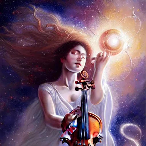 Prompt: a high quality life like portrait of a very very beautiful! celestial goddess of life playing a mystical geared violin and springing life into the universe, highly detailed, intricate, sharp focus, fantasy, mystical, dreamlike, by WLOP and greg rutkowski