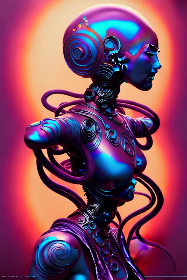 Prompt: robot empress, metal art nouveau swirls, subsurface scattering, in the style of james jean and tomasz alen kopera, mystical colors, rim light, beautiful lighting, 8 k, stunning scene, raytracing, octane render, trending on artstation