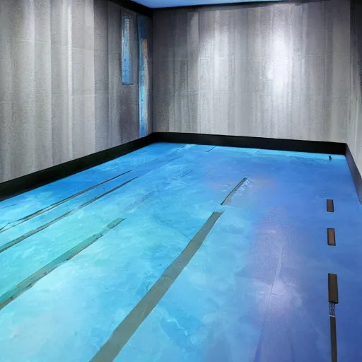 Image similar to a startrek futuristic large room with walls and floor made of blue rock. There is a small swimming pool on the floor