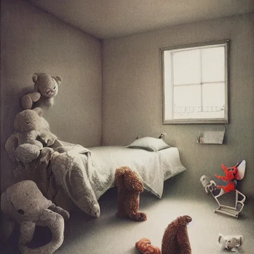 Image similar to An IKEA catalogue photo of a childrens bedroom, with huge cuddly toys, by Beksinski