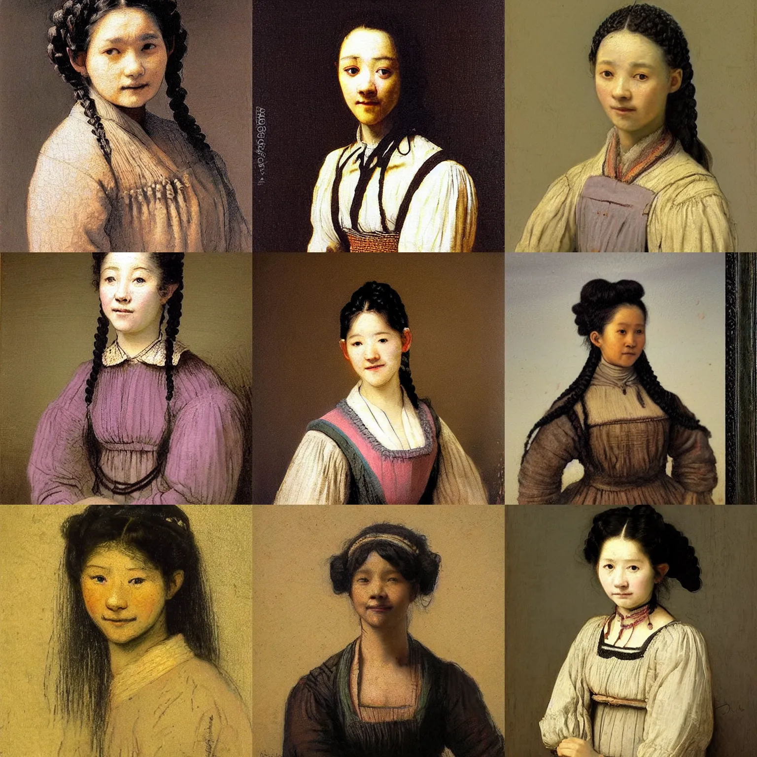 Prompt: a sadly smiling black haired, young peasant woman from the 19th century who looks very similar to (((Lee Young Ae))) with a two french braids, pastel colours, detailed, painting by Rembrandt, Csók István and da Vinci