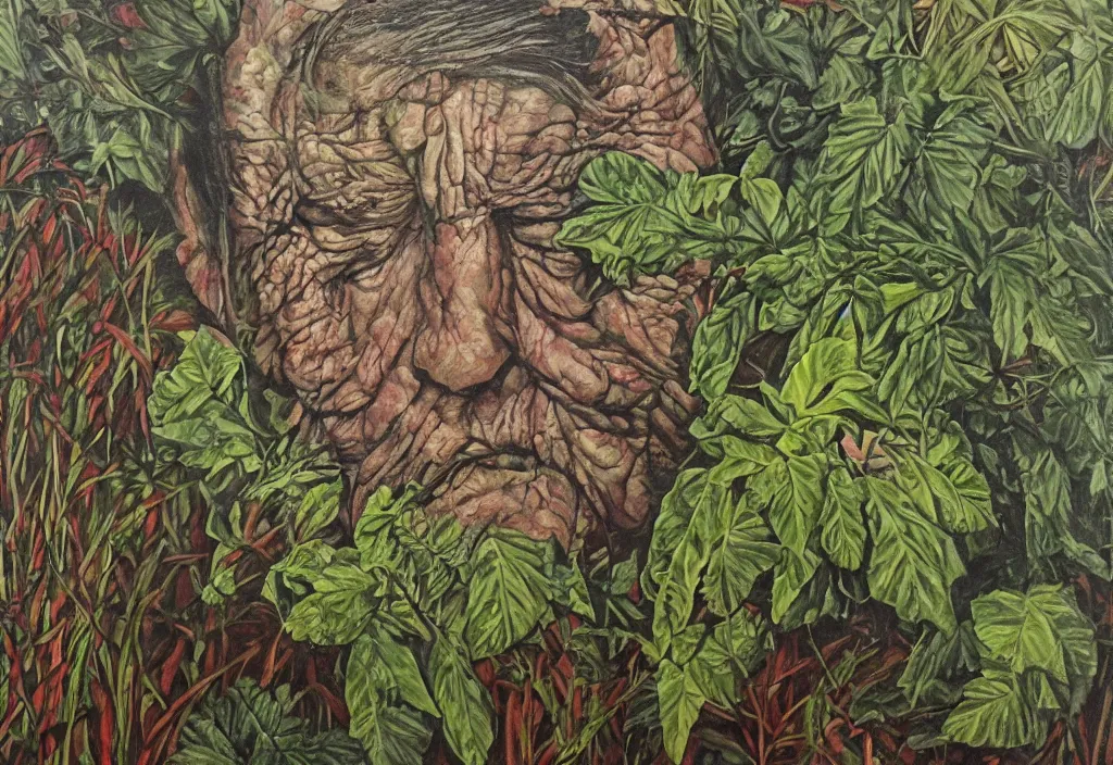 Prompt: an old man made of plants, near death, painting by teddy ruth, kimberly asstyn, and josh grover.