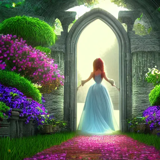 Prompt: a fairytale princess entering the gates of her majestic palace made of flowers epic scene unreal render