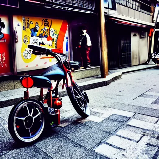 Prompt: ”motorcycle with three wheels in tokyo street, akira style”