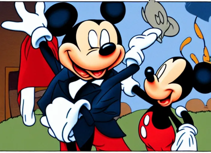 Prompt: mickey mouse smacking barack obama with a fish