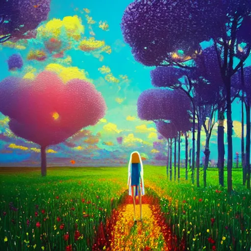 Image similar to large flower as a face, girl standing in a flower field, surreal photography, big trees, sunrise dramatic light, impressionist painting, colorful clouds, digital painting, pointillism, artstation, simon stalenhag