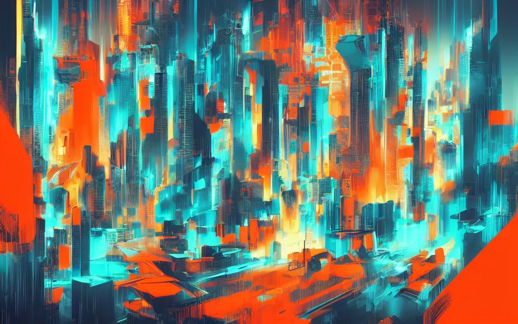 Image similar to futuristic city with rain, in the style of syd mead, orange and turquoise color scheme,