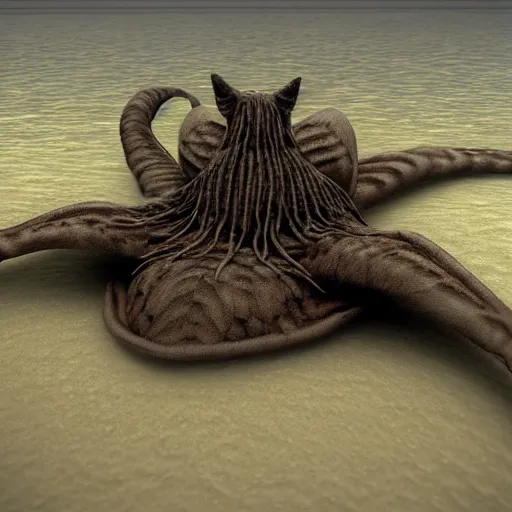 Image similar to a weird creepy creature on the bottom of the ocean, very detailed and photorealistic