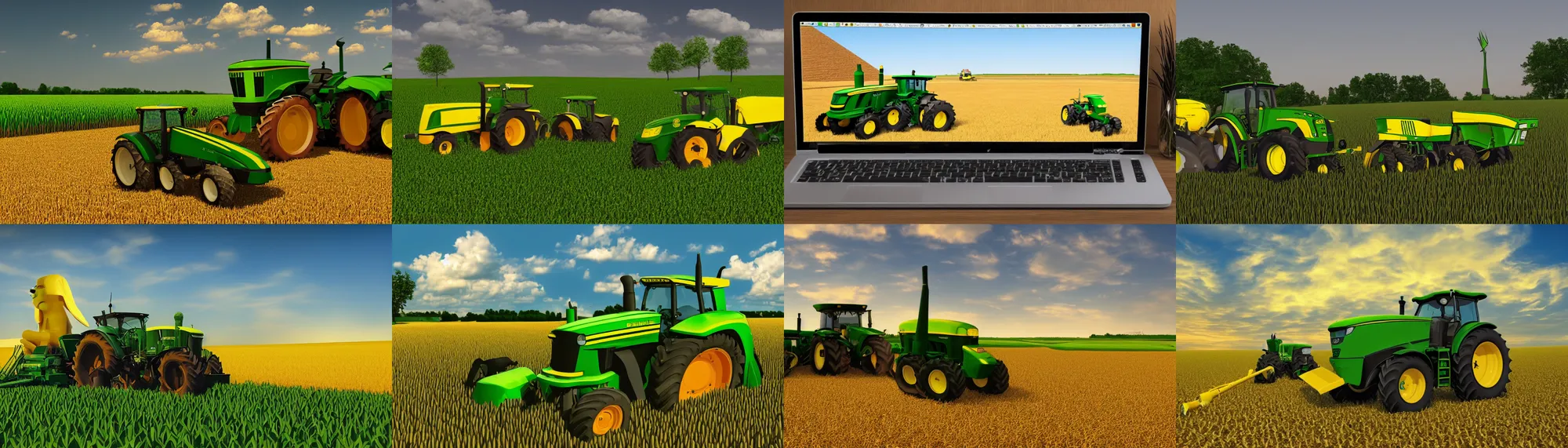 Prompt: Great Sphinx of GizaSphinx coding on a laptop, corn field with a john deere tractor, dynamic lighting, digital art