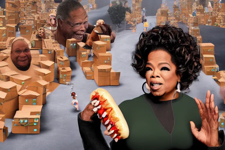 Image similar to oprah winfrey holding a hotdog, surrounded by homeless people, cardboard city, hyper realistic, 8 k, ethereal details, high resolution, cinematic lighting