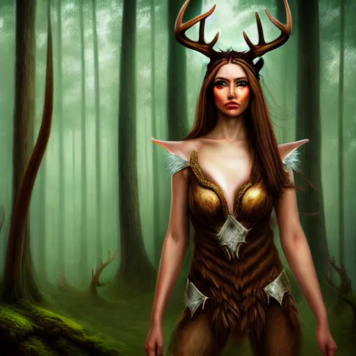 Prompt: elf woman that has antlers, forest in background, matte oil painting, dnd art, fantasy, stunning, beautiful, feral, clear, crisp, sharp, award - winning, portrait, extremely detailed