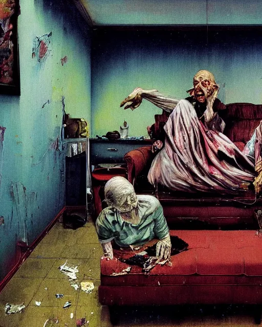 Image similar to old dead couple on couch in a decayed and ruined apartment room in the style of Francis Bacon and Syd Mead and Norman Rockwell and Beksinski, open ceiling, highly detailed, painted by Francis Bacon and Edward Hopper, painted by James Gilleard, surrealism, airbrush, very coherent, triadic color scheme, art by Takato Yamamoto and James Jean