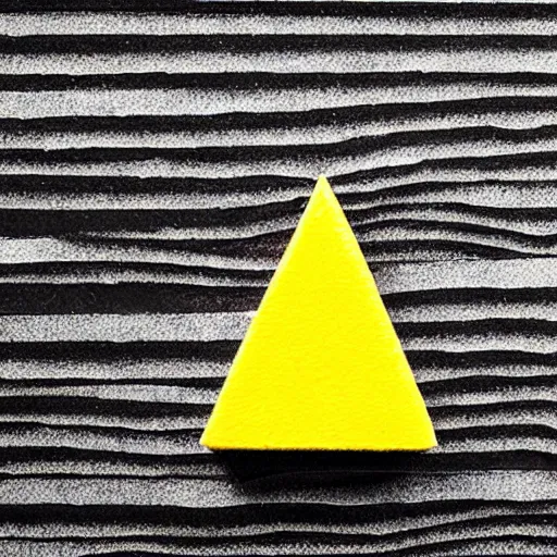 Image similar to a yellow triangle made of bricks with a top hat answering a phone, hyperrealism