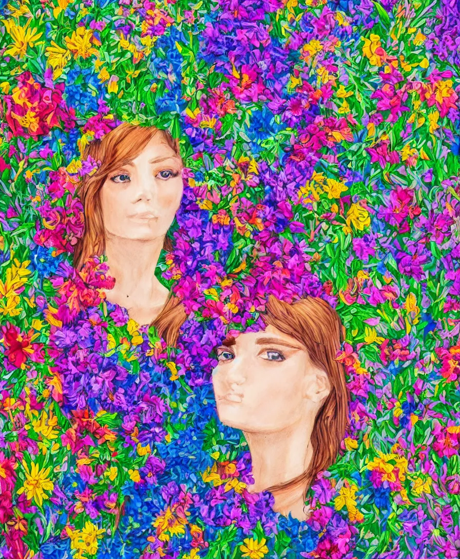 Image similar to portrait of a majestic princess, drawn with a wide variety of colorful flowers