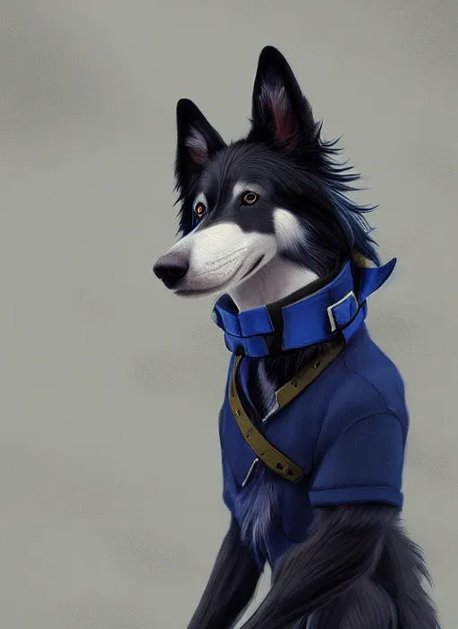 Image similar to full body digital painting of a cute male anthropomorphic border collie fursona wearing a blue dog collar and black jacket and standing outside, furaffinity, intricate, elegant, beautiful, realistic proportions, highly detailed, scenic background, trending on artstation, art by charlie bowater and henry asencio and and ross tran