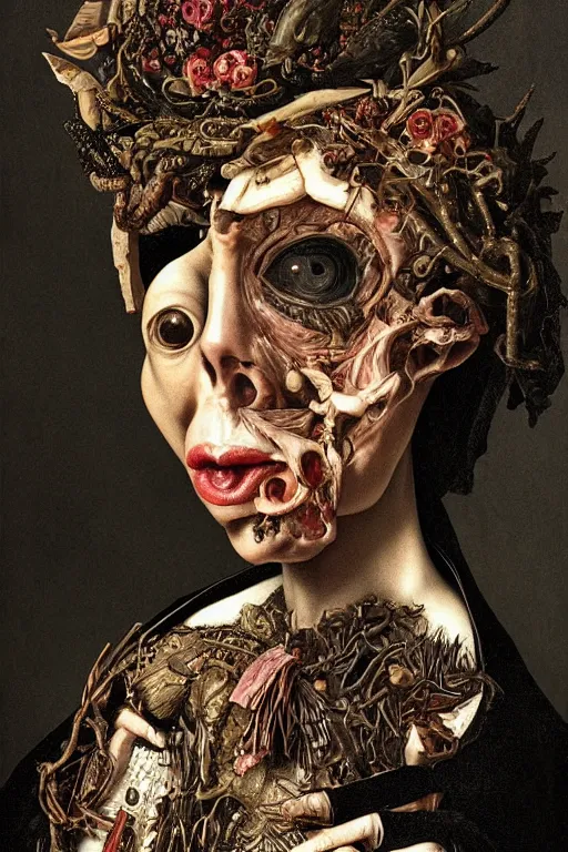 Image similar to Detailed maximalist portrait with large lips and with large eyes, sad exasperated expression, bones, HD mixed media, 3D collage, highly detailed and intricate illustration in the style of Caravaggio, dark art, baroque