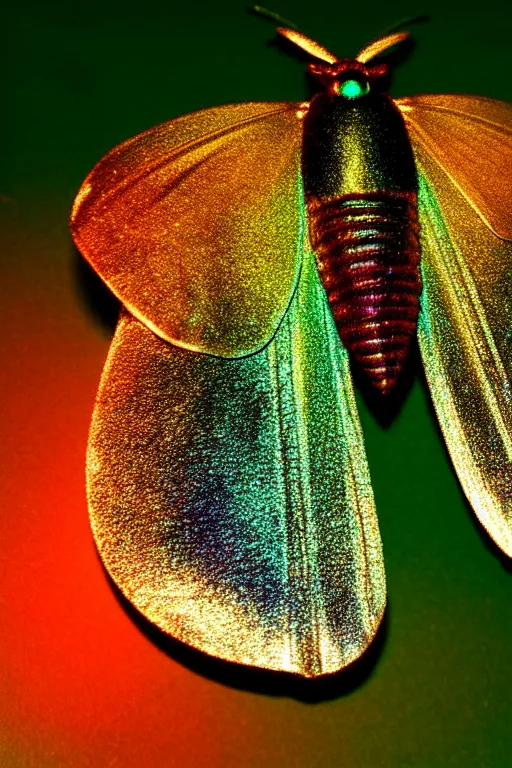 Image similar to high quality close-up photo gothic pearlescent moth! jewelled gorgeous! highly detailed david ligare elson peter cinematic yellow neon lighting high quality low angle hd 8k sharp shallow depth of field