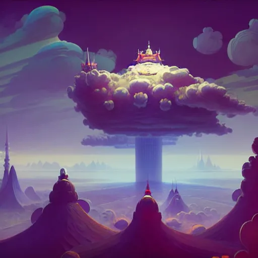 Image similar to cloud king rests on high nimbus spires in this sky palace lord of all the vast kingdom. simon stalenhag ilya repin greg danton brian sum max bedulenko igor krstic james suret pascal blanche illustration unreal engine render