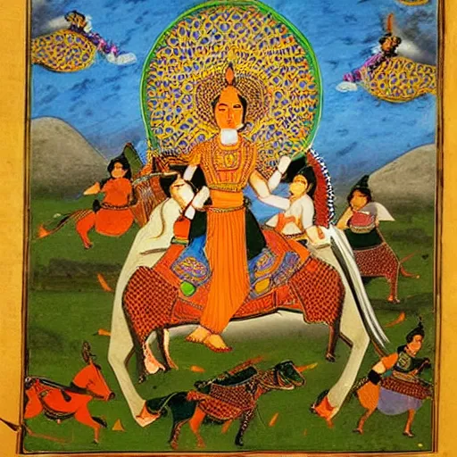 Image similar to woman warrior ascends to godhood. warriors watch in astonishment, holy mughal art painting by govardhan