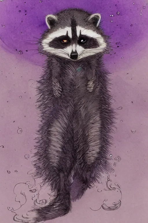 Image similar to purple stelar raccoon in the style of Rebecca Guay, high resolution 4k