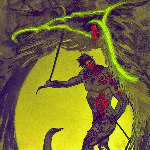 Image similar to ornate fluorescent yellow, fluorescent by margaret modlin, by walter ernest webster, by pascale campion. a photograph of hercules after he has completed one of his twelve labors, the killing of the hydra. he is standing over the dead hydra, covered in blood clutching a sword that slew the beast. his face is expressionless.