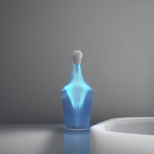 Image similar to perfume bottle splashing in white zen clean modern minimalist blue circular hotspring by peter tarka softly lit well contoured smooth fair walls, up close shot, sharp focus, zen, clean, modern minimalist, zaha hadid octane highly render, 4 k, ultra hd,