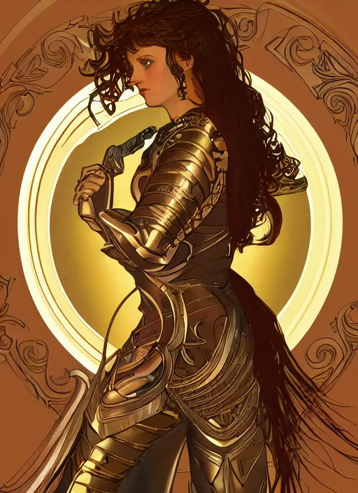 Prompt: elegant paladin in copper colored plate armor who looks like young michelle pfeiffer, moonlight in the background, illustration by alphonse mucha, soft lighting, HD, sharp focus, intricate, masterpiece, concept art, character design