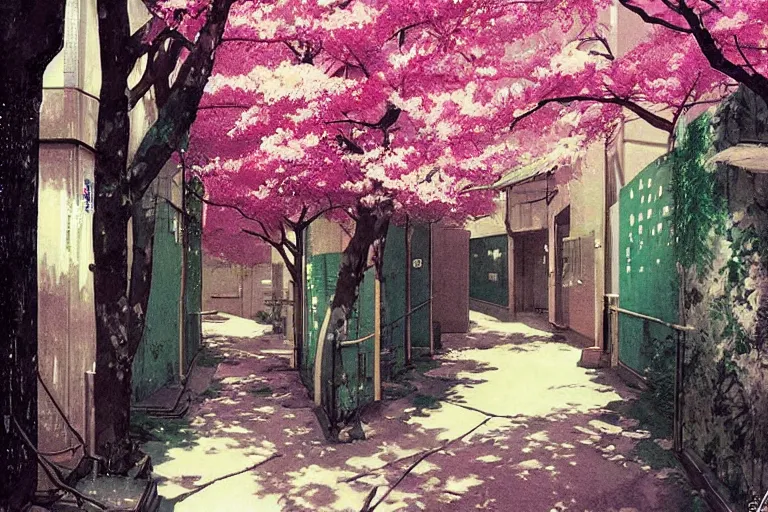 Prompt: beautiful Japanese anime alleyway with sakura trees, art by Vincent Di Fate, rule of thirds