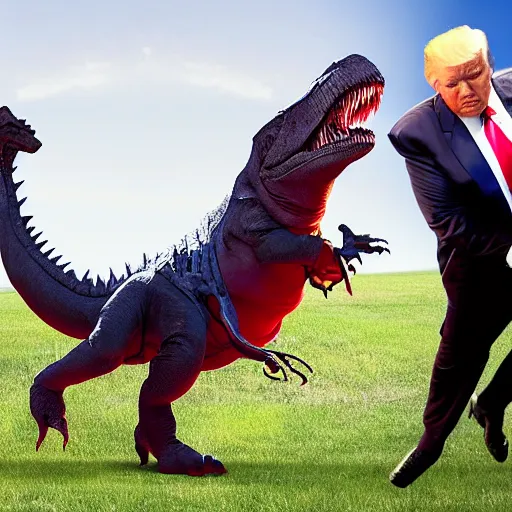 Image similar to Real professional photograph of Donald Trump riding a T-Rex