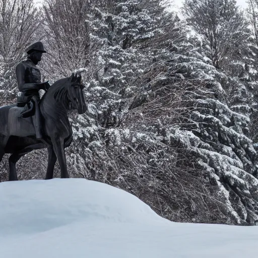 Image similar to A photo looking up at a black statue of a soldier riding a horse, lightly topped with snow, the statue is on a pedestal, the ground is full of snow, the background has numerous wintry trees, the sky is blue with sun poking through the clouds. Twilight. Photorealistic, 4k,