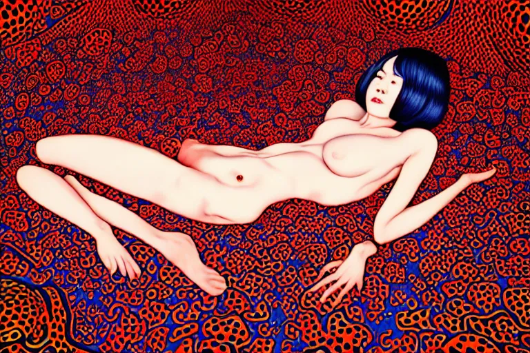 Prompt: realistic detailed image of a woman laying down in a padded room, conjuring psychedelic background, part by takato yamamoto, part by yayoi kusama, part by alex gray, ross tran, james jean, ultra realistic, octane render, highly detailed, 8 k, trending on artstation, cosmic, symmetry, masterpiece