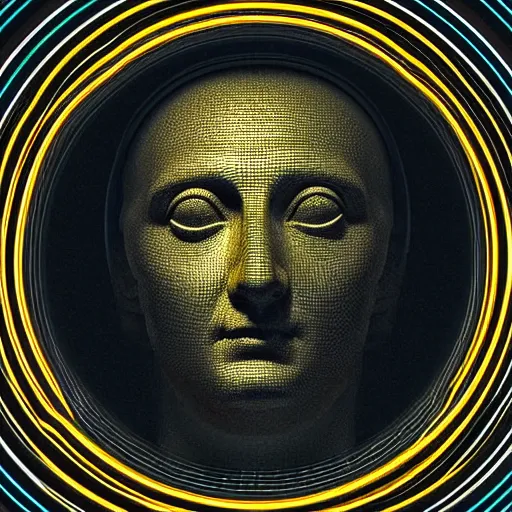 Image similar to a 3 d neon circle surrounding the head of a renaissance statue like a planetary ring, 3 d render, black background, ray tracing, 8 k resolution, sharp focus, very detailed, hyper realistic