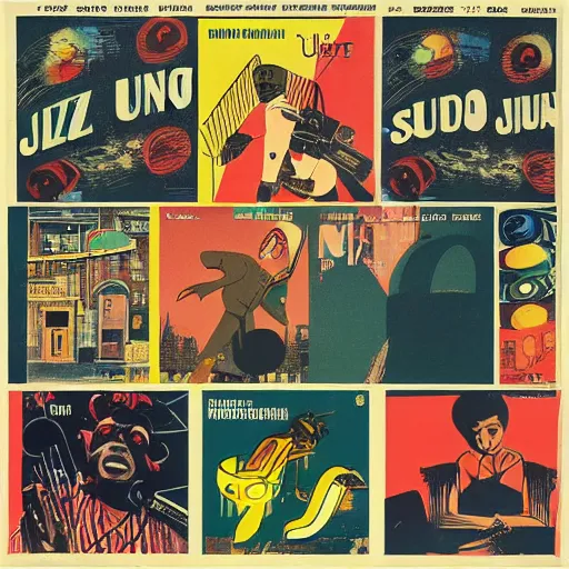 Prompt: jazz album cover from 1961 by Sun Ra in the style of Studio Ghibli and 1960s americana comics, HQ 8k SCAN