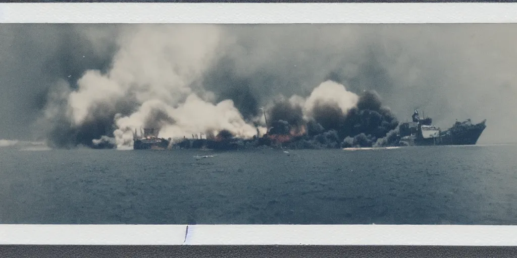 Prompt: polaroid photo of a sinking and burning ship, big smoke clouds coming from the ship, bright blue sky, slight color bleed