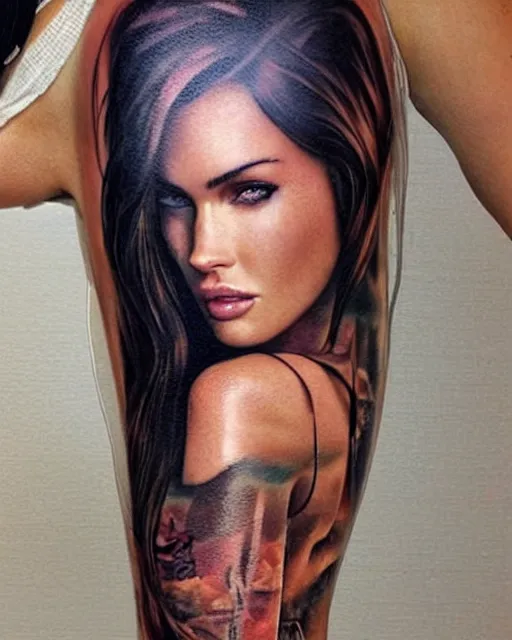 Prompt: creative double exposure effect tattoo design sketch of megan fox with beautiful mountains, realism tattoo, in the style of andrey lukovnikov, amazing detail, sharp