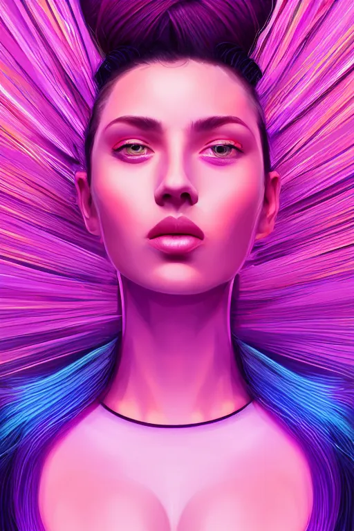 Image similar to a award winning half body portrait of a beautiful woman with stunning eyes in a croptop and cargo pants with ombre purple pink teal hairstyle by thomas danthony, surrounded by whirling illuminated lines, outrun, vaporware, shaded flat illustration, digital art, trending on artstation, highly detailed, fine detail, intricate