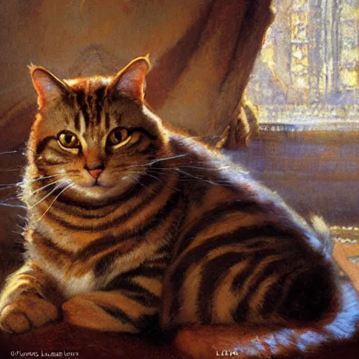 Image similar to detailed portrait of garfield the cat in royal palace, spring light, painting by gaston bussiere, craig mullins, j. c. leyendecker