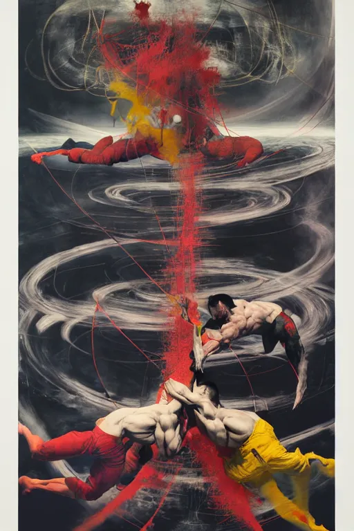 Prompt: two muscular men entwined, floating in space, zero gravity, dramatic movement inside a brutalist space ship, gothic, rich deep colours, painted by francis bacon, adrian ghenie, james jean and petra cortright, part by gerhard richter, part by takato yamamoto. 8 k masterpiece