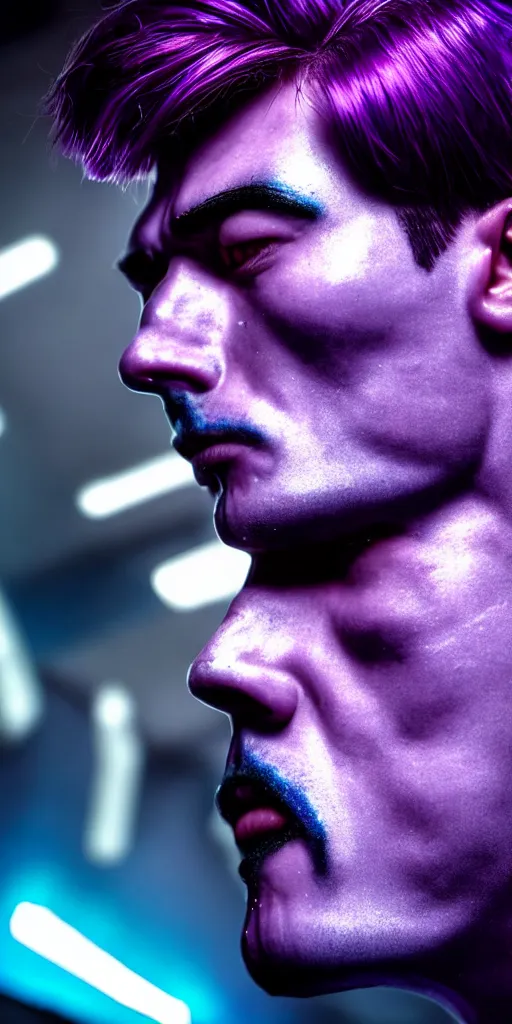 Image similar to hyperrealistic close-up of cyborg man kissing another man with purple hair and pearlescent blue skin dali machiej kuciara very dramatic neon lighting on one side wide angle 35mm shallow depth of field