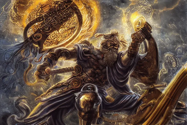 Image similar to mythological angry odin all father supreme God of thunder and smithing and artificial intelligence creating an artificial neural network with gold synapses on an anvil with his mighty hammer, high resolution, award winning art, trending on art station, sharp image, incredibly detailed, detailed character, realistic painting, hyperrealistic painting